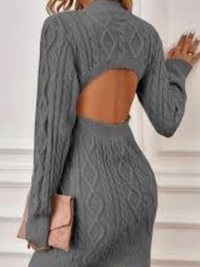 Grey Cable Knit Cutout Bodycon Dress
